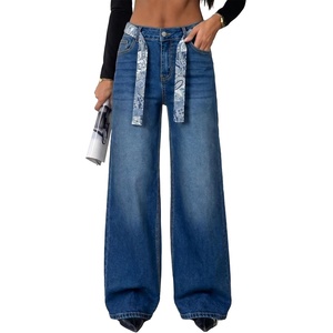 image:imageAstylish Jeans for Women High Waist Button Down Stretchy Wide Leg Paisley Print Belt Denim Pants with PocketsReal Teal