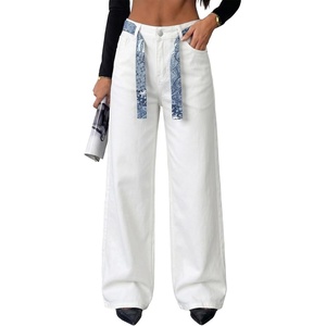 image:imageAstylish Jeans for Women High Waist Button Down Stretchy Wide Leg Paisley Print Belt Denim Pants with PocketsWhite