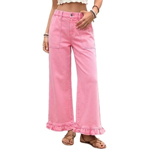 image:imageAstylish Wide Leg Jeans for Women Stretch High Wasited Baggy Trendy Denim Jean Ruffle Hem PantsPink