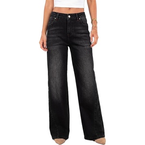 image:imageAstylish Womens High Waist Wide Leg Straight Stretch Jeans Pockets Rivet Retro Early Fall Fashion Denim PantsColor Black
