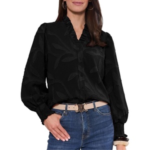 image:imageAstylish Womens Leaf Embroidery Button Down Shirts V Neck Ruffle Collar Puff Long Sleeve TopsBlack