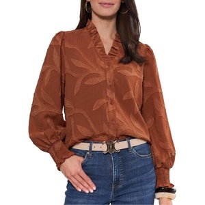 image:imageAstylish Womens Leaf Embroidery Button Down Shirts V Neck Ruffle Collar Puff Long Sleeve TopsBrown