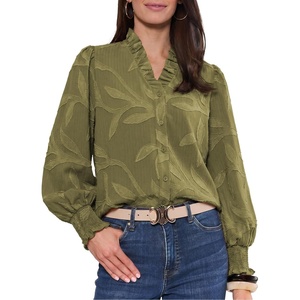 image:imageAstylish Womens Leaf Embroidery Button Down Shirts V Neck Ruffle Collar Puff Long Sleeve TopsFern Green