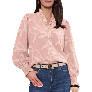 image:imageAstylish Womens Leaf Embroidery Button Down Shirts V Neck Ruffle Collar Puff Long Sleeve TopsRose Tan