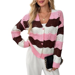 image:imageAstylish Women 2026 Open Front Long Sleeve Button Down Fall Outfits Knit Chevron Striped Cardigan SweatersPink