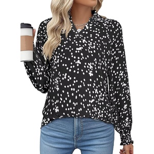 image:imageAstylish Women 2025 Casual Polka Dot Blouses Smocked Long Sleeve V Neck Collared Shirts Chiffon Bohemian TopsBlack