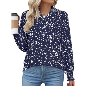 image:imageAstylish Women 2025 Casual Polka Dot Blouses Smocked Long Sleeve V Neck Collared Shirts Chiffon Bohemian TopsDark Blue