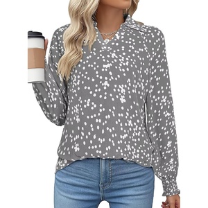 image:imageAstylish Women 2025 Casual Polka Dot Blouses Smocked Long Sleeve V Neck Collared Shirts Chiffon Bohemian TopsGray