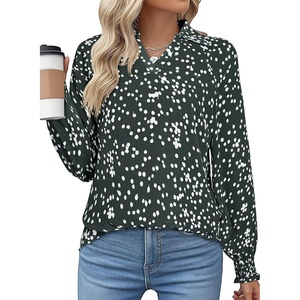 image:imageAstylish Women 2025 Casual Polka Dot Blouses Smocked Long Sleeve V Neck Collared Shirts Chiffon Bohemian TopsGreen