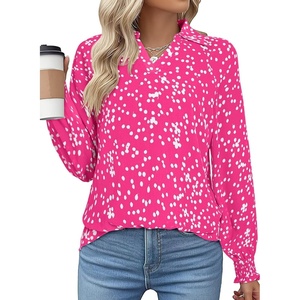 image:imageAstylish Women 2025 Casual Polka Dot Blouses Smocked Long Sleeve V Neck Collared Shirts Chiffon Bohemian TopsPink