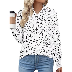 image:imageAstylish Women 2025 Casual Polka Dot Blouses Smocked Long Sleeve V Neck Collared Shirts Chiffon Bohemian TopsWhite