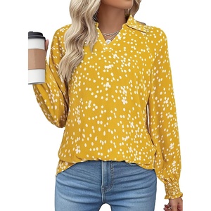 image:imageAstylish Women 2025 Casual Polka Dot Blouses Smocked Long Sleeve V Neck Collared Shirts Chiffon Bohemian TopsYellow