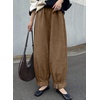 image:imageAstylish Womens Corduroy Pants Casual High Waisted Wide Leg Baggy Cuffed Ankle Pant Ruffle Tapered TrousersBrown
