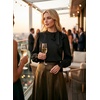 image:imageAstylish Womens Puff Sleeve Blouse Crewneck Bow Tie Solid Textured Jacquard Business Casual Long Sleeve TopsBlack