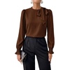 image:imageAstylish Womens Puff Sleeve Blouse Crewneck Bow Tie Solid Textured Jacquard Business Casual Long Sleeve TopsCoffee
