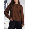 image:imageAstylish Womens Puff Sleeve Blouse Crewneck Bow Tie Solid Textured Jacquard Business Casual Long Sleeve TopsCoffee