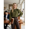 image:imageAstylish Womens Puff Sleeve Blouse Crewneck Bow Tie Solid Textured Jacquard Business Casual Long Sleeve TopsGreen