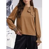 image:imageAstylish Womens Puff Sleeve Blouse Crewneck Bow Tie Solid Textured Jacquard Business Casual Long Sleeve TopsLight French Beige