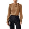 image:imageAstylish Womens Puff Sleeve Blouse Crewneck Bow Tie Solid Textured Jacquard Business Casual Long Sleeve TopsLight French Beige