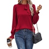 image:imageAstylish Womens Puff Sleeve Blouse Crewneck Bow Tie Solid Textured Jacquard Business Casual Long Sleeve TopsRed
