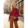 image:imageAstylish Womens Puff Sleeve Blouse Crewneck Bow Tie Solid Textured Jacquard Business Casual Long Sleeve TopsRed