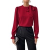 image:imageAstylish Womens Puff Sleeve Blouse Crewneck Bow Tie Solid Textured Jacquard Business Casual Long Sleeve TopsRed