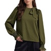 image:imageAstylish Womens Puff Sleeve Blouse Crewneck Bow Tie Solid Textured Jacquard Business Casual Long Sleeve TopsGreen