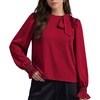 image:imageAstylish Womens Puff Sleeve Blouse Crewneck Bow Tie Solid Textured Jacquard Business Casual Long Sleeve TopsRed
