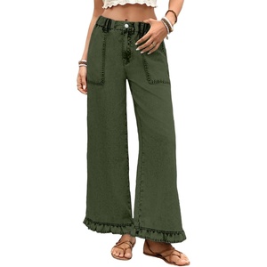 image:imageAstylish Wide Leg Jeans for Women Stretch High Wasited Baggy Trendy Denim Jean Ruffle Hem PantsMoss Green