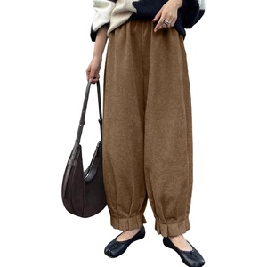 image:imageAstylish Womens Corduroy Pants Casual High Waisted Wide Leg Baggy Cuffed Ankle Pant Ruffle Tapered TrousersBrown