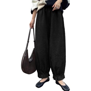 image:imageAstylish Womens Corduroy Pants Casual High Waisted Wide Leg Baggy Cuffed Ankle Pant Ruffle Tapered TrousersColor Black