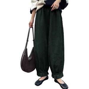image:imageAstylish Womens Corduroy Pants Casual High Waisted Wide Leg Baggy Cuffed Ankle Pant Ruffle Tapered TrousersDuffel Green