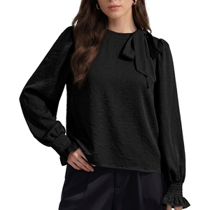 image:imageAstylish Womens Puff Sleeve Blouse Crewneck Bow Tie Solid Textured Jacquard Business Casual Long Sleeve TopsBlack