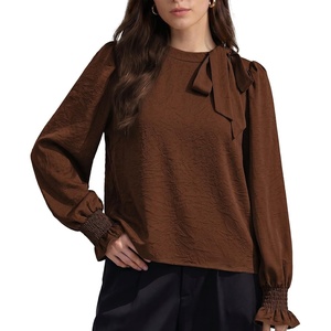 image:imageAstylish Womens Puff Sleeve Blouse Crewneck Bow Tie Solid Textured Jacquard Business Casual Long Sleeve TopsCoffee