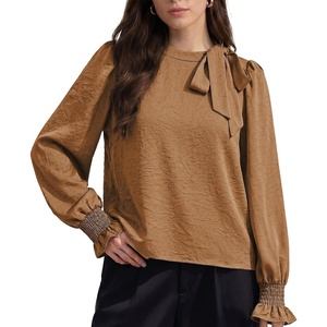 image:imageAstylish Womens Puff Sleeve Blouse Crewneck Bow Tie Solid Textured Jacquard Business Casual Long Sleeve TopsLight French Beige
