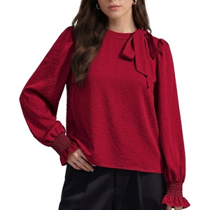 image:imageAstylish Womens Puff Sleeve Blouse Crewneck Bow Tie Solid Textured Jacquard Business Casual Long Sleeve TopsRed