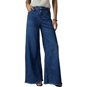 image:imageAstylish Womens Wide Leg Jeans High Waisted Stretchy Buttoned Raw Hem Straight Leg Denim PantsBluing