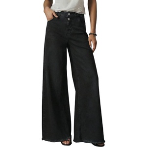 image:imageAstylish Womens Wide Leg Jeans High Waisted Stretchy Buttoned Raw Hem Straight Leg Denim PantsColor Black