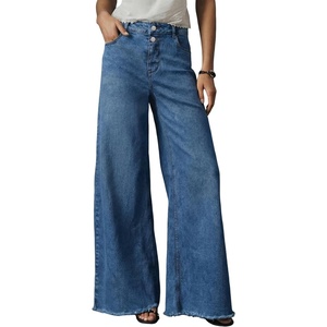 image:imageAstylish Womens Wide Leg Jeans High Waisted Stretchy Buttoned Raw Hem Straight Leg Denim PantsIvy