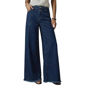 image:imageAstylish Womens Wide Leg Jeans High Waisted Stretchy Buttoned Raw Hem Straight Leg Denim PantsNavy Blue