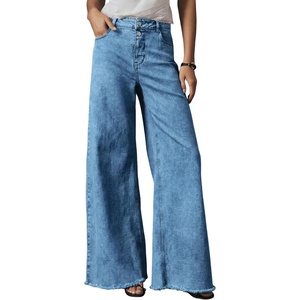 image:imageAstylish Womens Wide Leg Jeans High Waisted Stretchy Buttoned Raw Hem Straight Leg Denim PantsSky Blue