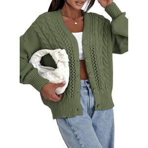 image:imageAstylish Womens Knit Open Front Button Down Hollow Out Cardigan Sweaters  Long SleeveV NeckCrochetChunky2026LightweightCasualBusinessWorkDailySolid Color100 AcrylicWintersFallDateGreen