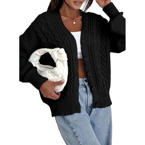 image:imageAstylish Womens Knit Open Front Button Down Hollow Out Cardigan Sweaters  Long SleeveV NeckCrochetChunky2026LightweightCasualBusinessWorkDailySolid Color100 AcrylicWintersFallDateBlack