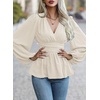 image:imageAstylish Womens Dressy Wrap V Neck Peplum Tops Long Sleeve Cinched Waist Ruched Ruffle Blouses ShirtsApricot