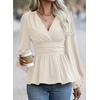 image:imageAstylish Womens Dressy Wrap V Neck Peplum Tops Long Sleeve Cinched Waist Ruched Ruffle Blouses ShirtsApricot
