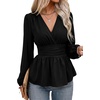 image:imageAstylish Womens Dressy Wrap V Neck Peplum Tops Long Sleeve Cinched Waist Ruched Ruffle Blouses ShirtsBlack