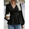 image:imageAstylish Womens Dressy Wrap V Neck Peplum Tops Long Sleeve Cinched Waist Ruched Ruffle Blouses ShirtsBlack