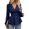 image:imageAstylish Womens Dressy Wrap V Neck Peplum Tops Long Sleeve Cinched Waist Ruched Ruffle Blouses ShirtsBluing