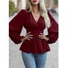 image:imageAstylish Womens Dressy Wrap V Neck Peplum Tops Long Sleeve Cinched Waist Ruched Ruffle Blouses ShirtsBurgundy