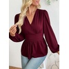 image:imageAstylish Womens Dressy Wrap V Neck Peplum Tops Long Sleeve Cinched Waist Ruched Ruffle Blouses ShirtsBurgundy